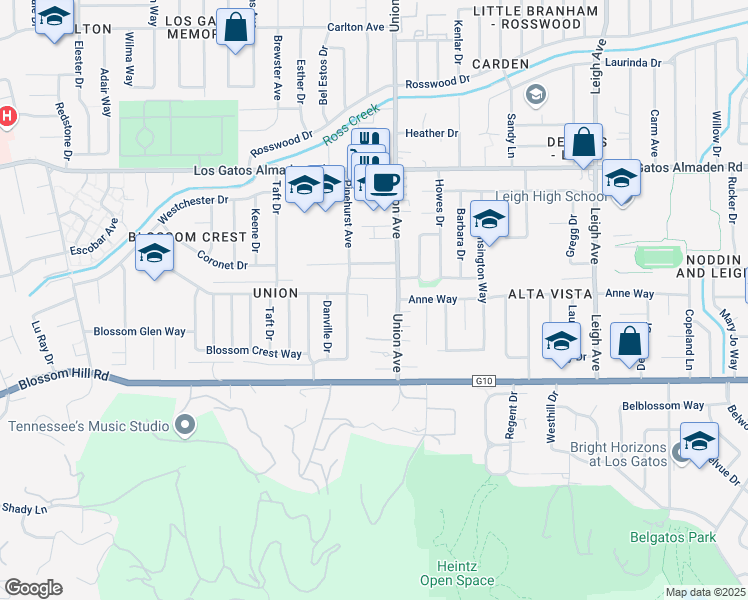 map of restaurants, bars, coffee shops, grocery stores, and more near 362 Sycamore Court in Los Gatos