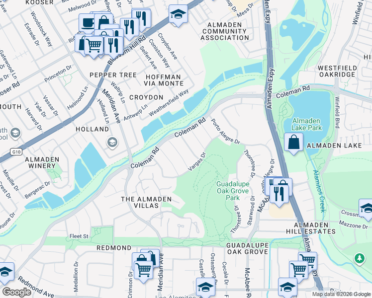 map of restaurants, bars, coffee shops, grocery stores, and more near 5824 Pilar Court in San Jose