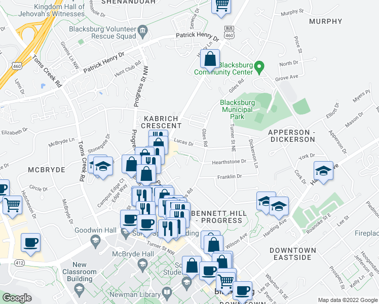 map of restaurants, bars, coffee shops, grocery stores, and more near 117 Hearthstone Drive in Blacksburg
