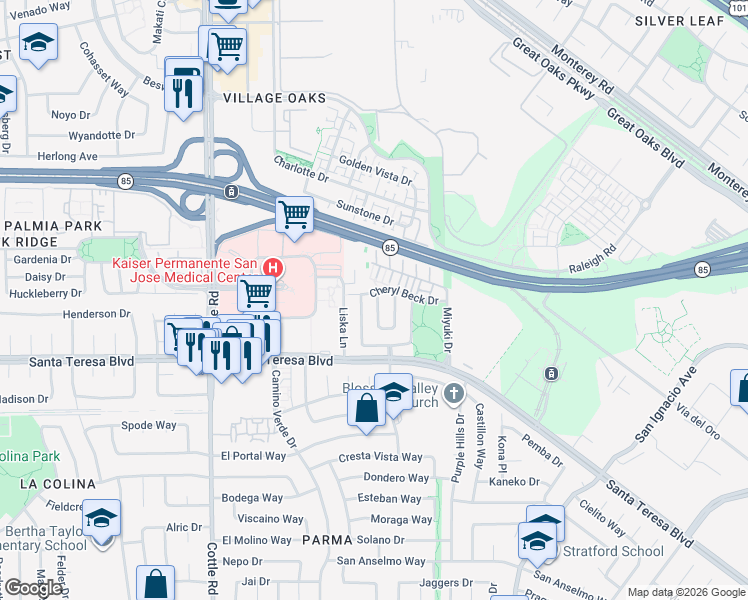 map of restaurants, bars, coffee shops, grocery stores, and more near 182 Cheryl Beck Drive in San Jose