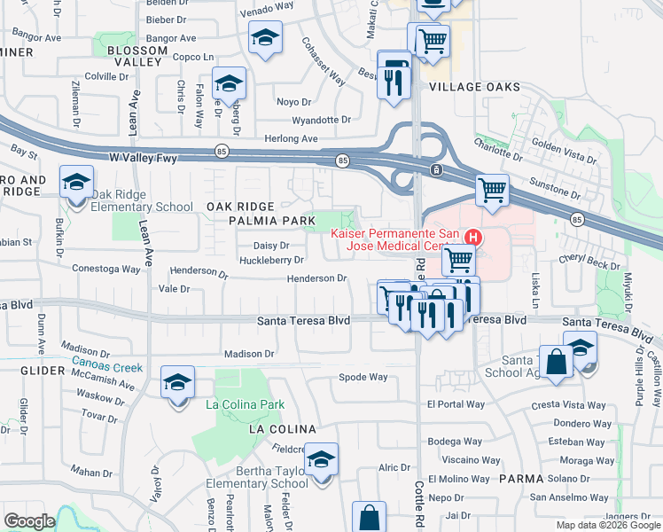 map of restaurants, bars, coffee shops, grocery stores, and more near 222 Coffeeberry Drive in San Jose
