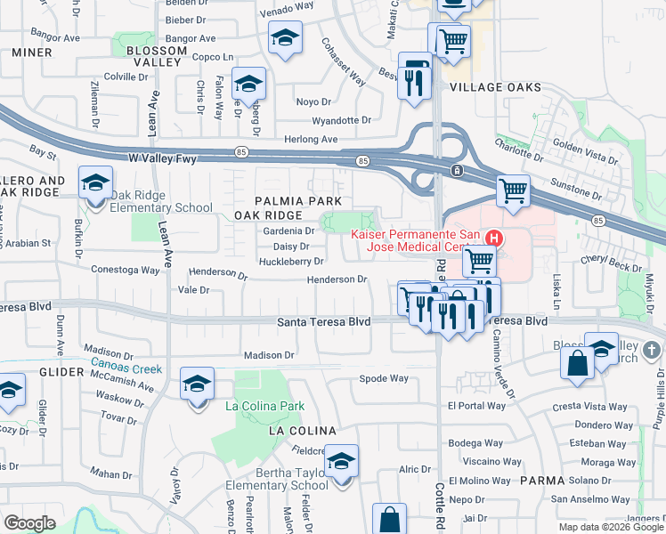 map of restaurants, bars, coffee shops, grocery stores, and more near 276 Huckleberry Drive in San Jose