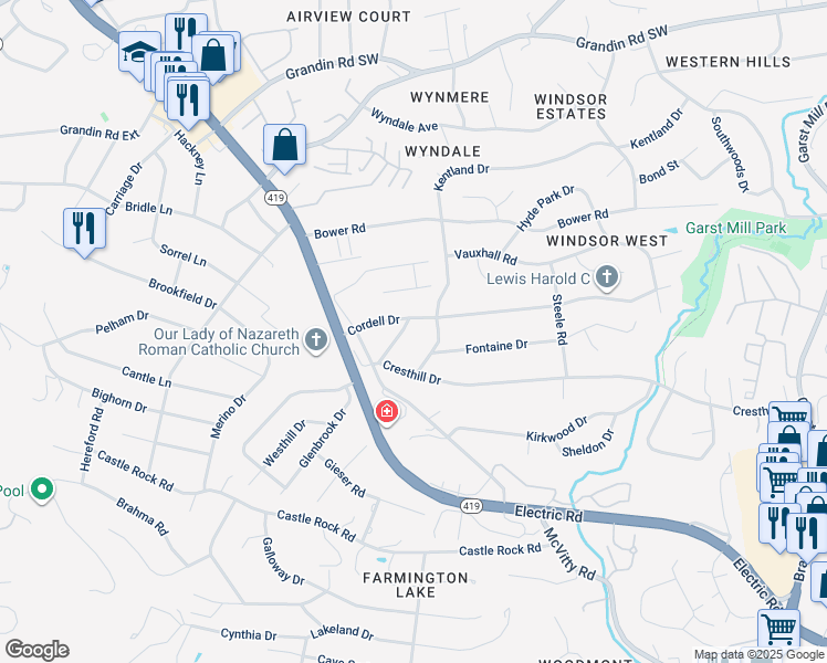 map of restaurants, bars, coffee shops, grocery stores, and more near 2610 Gaylord Road in Cave Spring