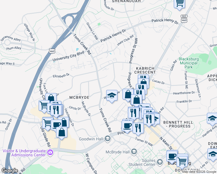 map of restaurants, bars, coffee shops, grocery stores, and more near 507 Stonegate Dr in Blacksburg