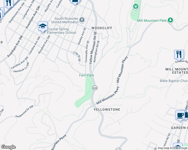map of restaurants, bars, coffee shops, grocery stores, and more near 2701 Yellow Mountain Road Southeast in Roanoke