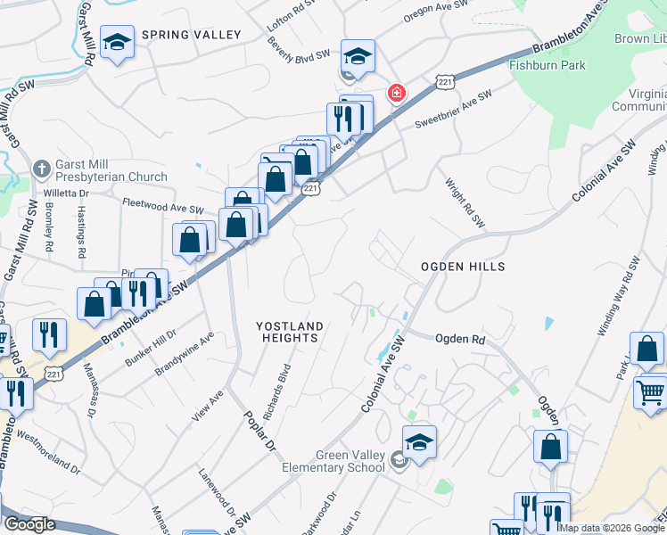 map of restaurants, bars, coffee shops, grocery stores, and more near 3080 Sedgefield Road Southwest in Roanoke