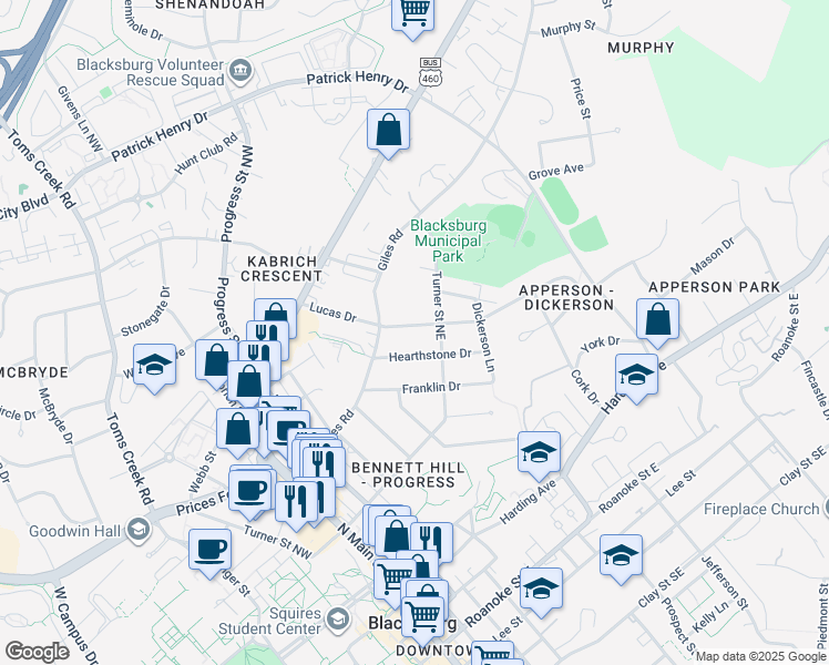 map of restaurants, bars, coffee shops, grocery stores, and more near 304 Lucas Drive in Blacksburg