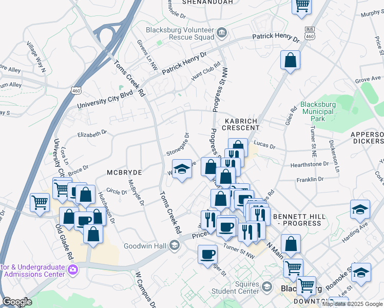 map of restaurants, bars, coffee shops, grocery stores, and more near 1005 Kabrich Street in Blacksburg