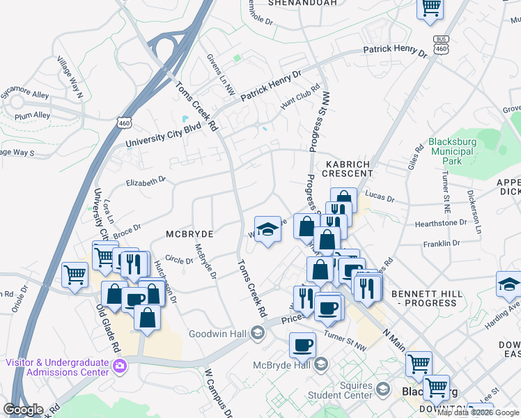 map of restaurants, bars, coffee shops, grocery stores, and more near 507 Stonegate Dr in Blacksburg