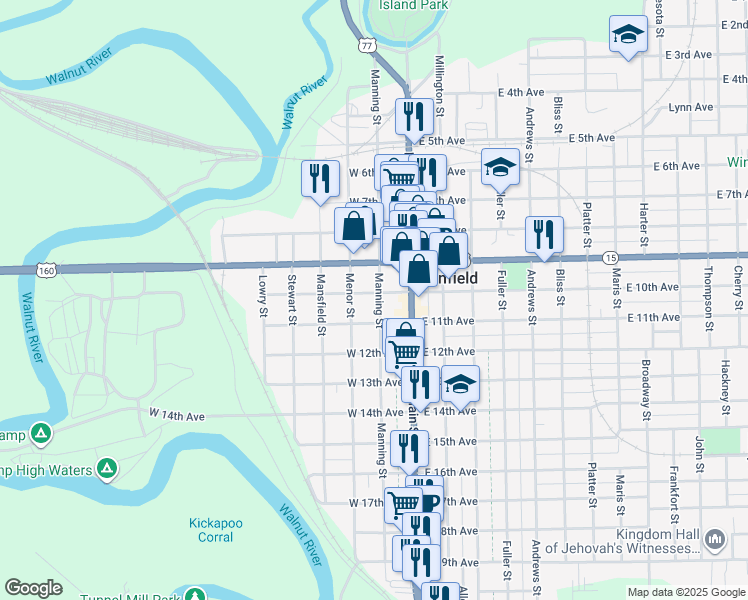 map of restaurants, bars, coffee shops, grocery stores, and more near 211 West 10th Avenue in Winfield