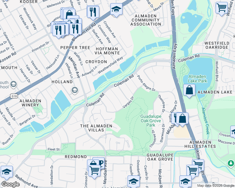 map of restaurants, bars, coffee shops, grocery stores, and more near 5824 Pilar Court in San Jose
