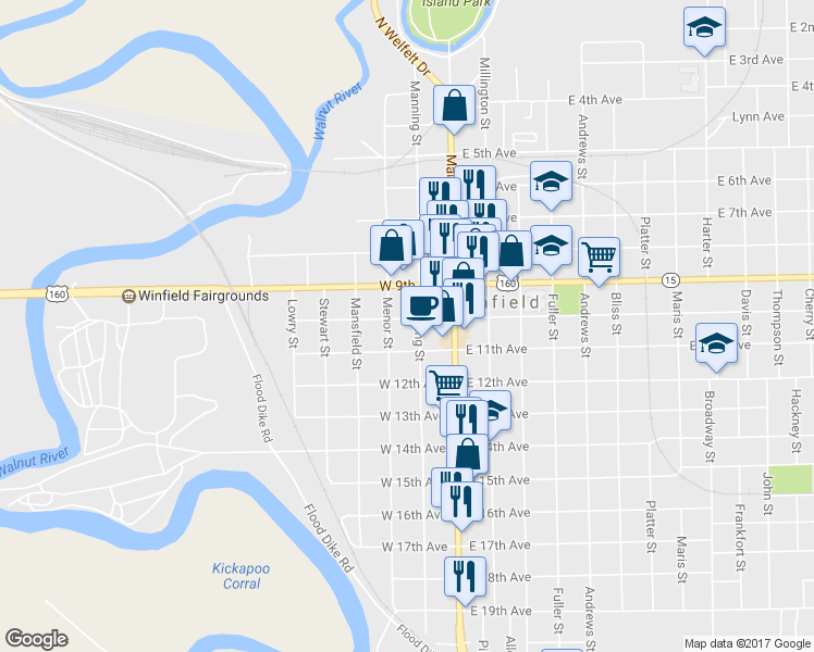 map of restaurants, bars, coffee shops, grocery stores, and more near 211 West 10th Avenue in Winfield