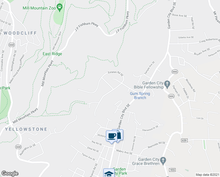 map of restaurants, bars, coffee shops, grocery stores, and more near 1039 Rosemary Avenue Southeast in Roanoke
