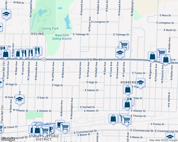 map of restaurants, bars, coffee shops, grocery stores, and more near 2302 North Pierce Avenue in Springfield