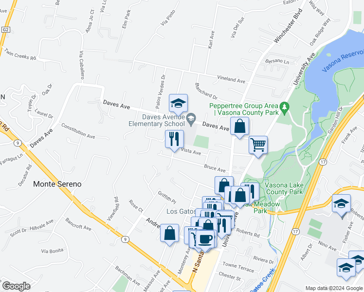 map of restaurants, bars, coffee shops, grocery stores, and more near 17765 Vista Avenue in Monte Sereno
