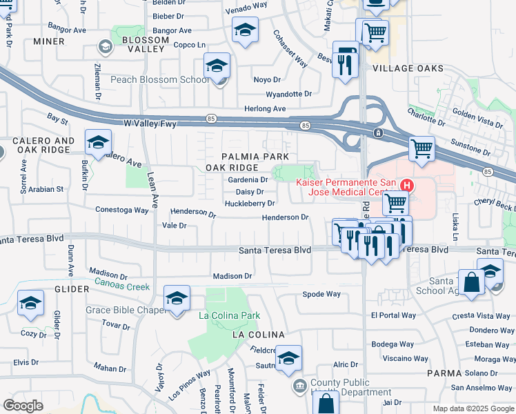 map of restaurants, bars, coffee shops, grocery stores, and more near 326 Huckleberry Drive in San Jose