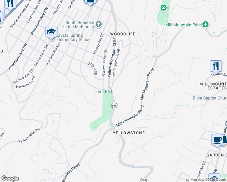 map of restaurants, bars, coffee shops, grocery stores, and more near 2701 Yellow Mountain Road Southeast in Roanoke