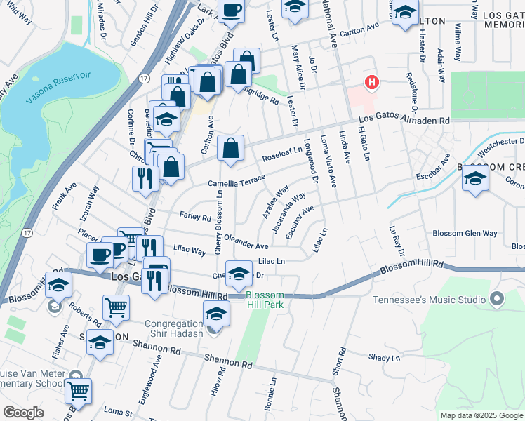 map of restaurants, bars, coffee shops, grocery stores, and more near 16261 Azalea Way in Los Gatos