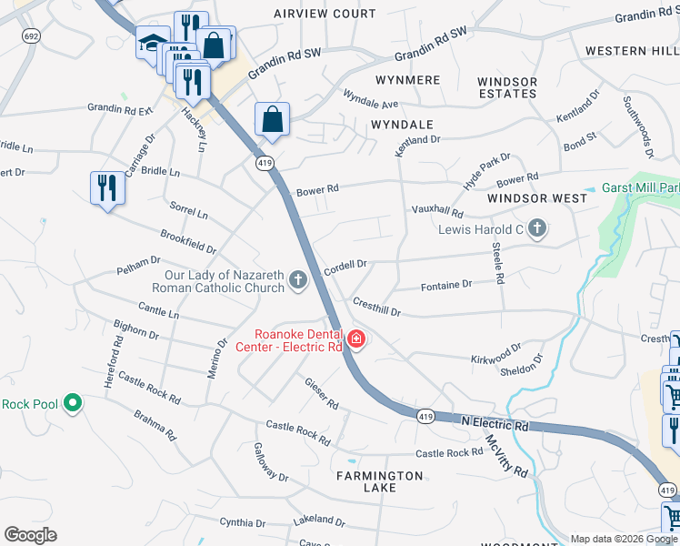 map of restaurants, bars, coffee shops, grocery stores, and more near 4744 Cordell Drive in Cave Spring