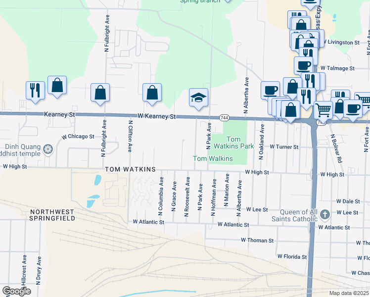 map of restaurants, bars, coffee shops, grocery stores, and more near 2254 North Grace Avenue in Springfield