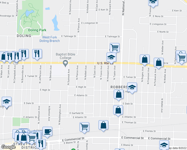 map of restaurants, bars, coffee shops, grocery stores, and more near 937 East Turner Street in Springfield