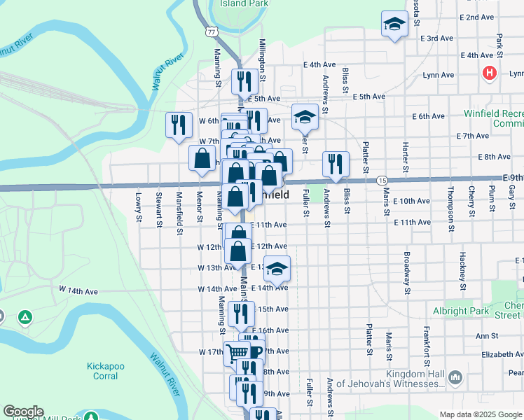 map of restaurants, bars, coffee shops, grocery stores, and more near 1001 Millington Street in Winfield