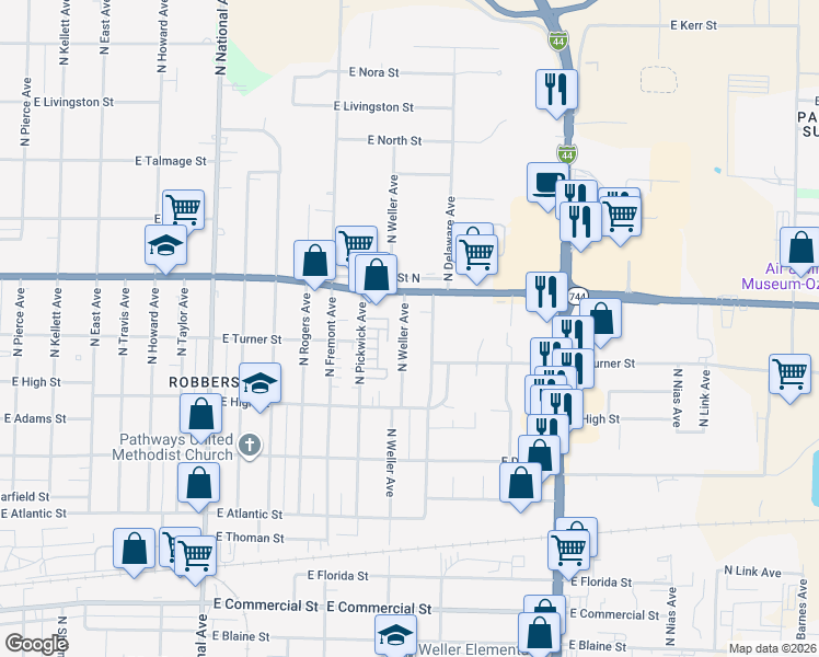 map of restaurants, bars, coffee shops, grocery stores, and more near 2336 North Weller Avenue in Springfield