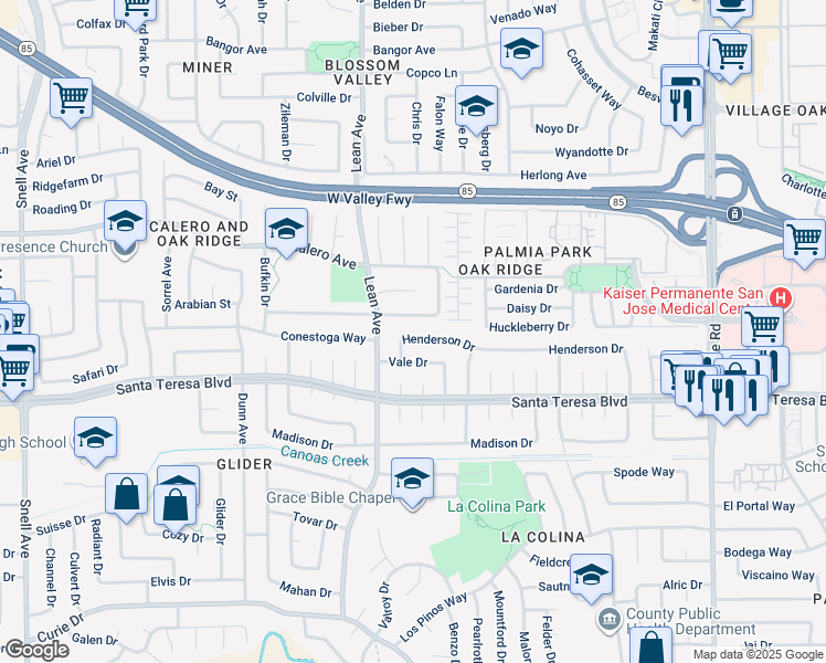 map of restaurants, bars, coffee shops, grocery stores, and more near 401 Henderson Drive in San Jose