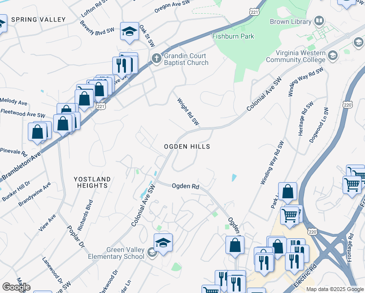 map of restaurants, bars, coffee shops, grocery stores, and more near 3389 Woodland Drive Southwest in Roanoke
