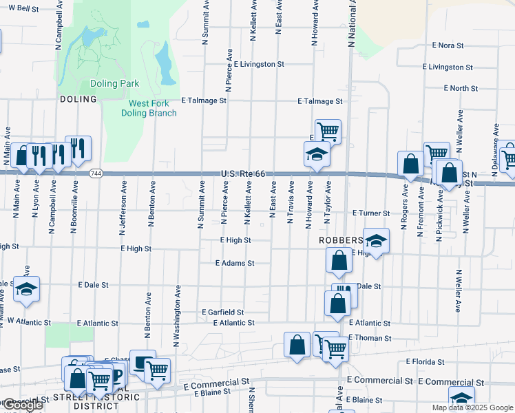 map of restaurants, bars, coffee shops, grocery stores, and more near 915 East Turner Street in Springfield