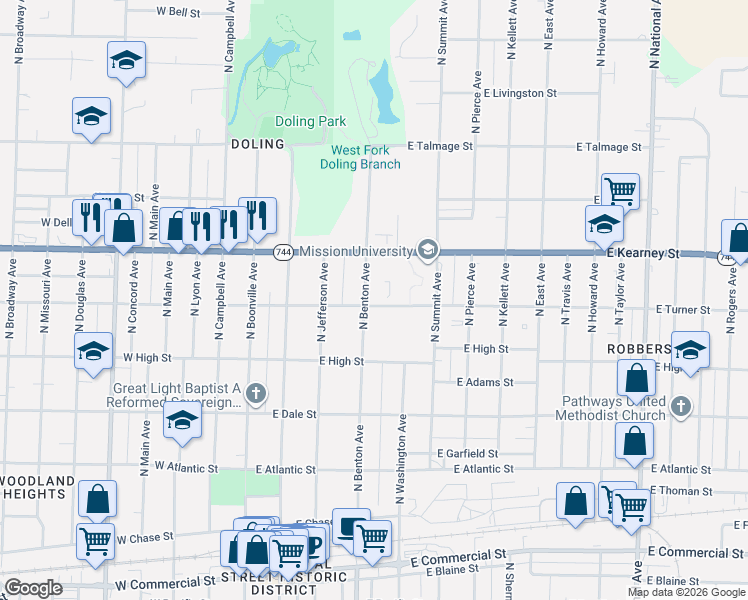 map of restaurants, bars, coffee shops, grocery stores, and more near 2302 North Benton Avenue in Springfield