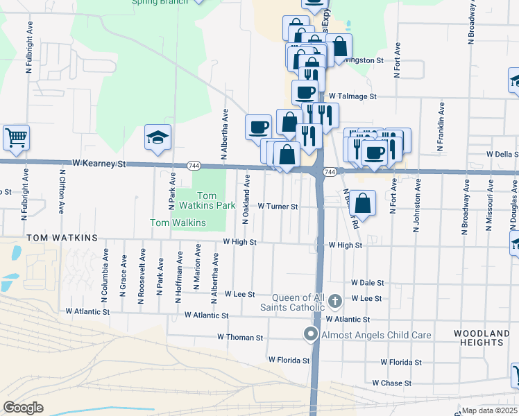 map of restaurants, bars, coffee shops, grocery stores, and more near 2257 North Fay Avenue in Springfield