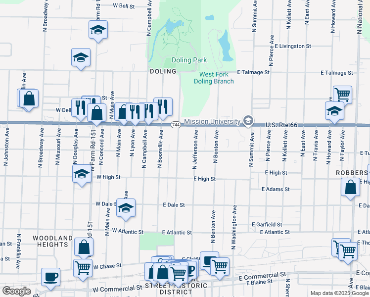 map of restaurants, bars, coffee shops, grocery stores, and more near 313 East Turner Street in Springfield