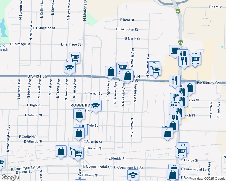 map of restaurants, bars, coffee shops, grocery stores, and more near 2320 North Fremont Avenue in Springfield