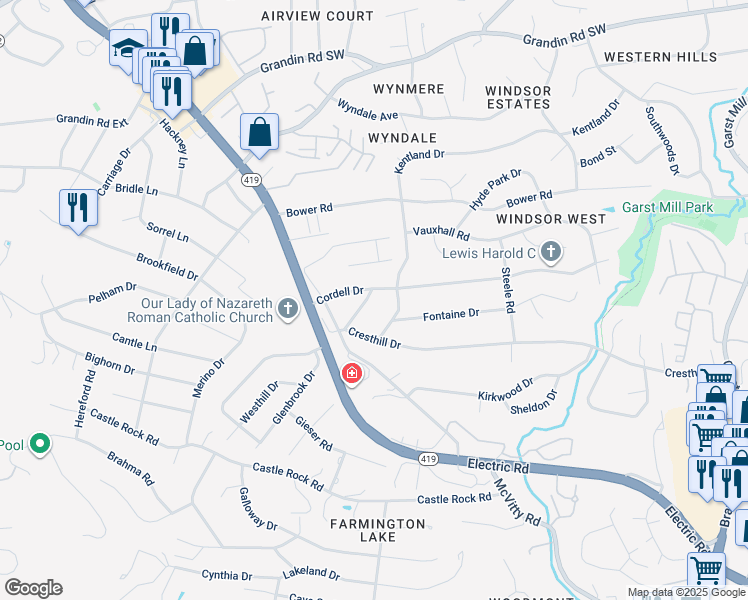 map of restaurants, bars, coffee shops, grocery stores, and more near 2610 Gaylord Road in Cave Spring