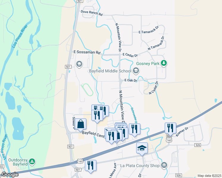 map of restaurants, bars, coffee shops, grocery stores, and more near 100 East Columbine Drive in Bayfield
