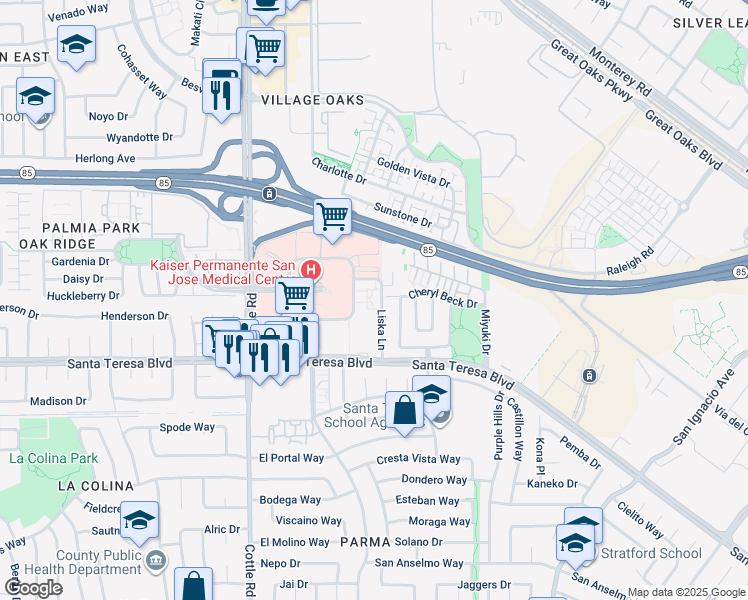map of restaurants, bars, coffee shops, grocery stores, and more near 5931 Liska Lane in San Jose