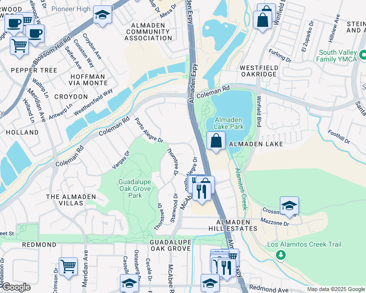 map of restaurants, bars, coffee shops, grocery stores, and more near 5939 Porto Alegre Drive in San Jose