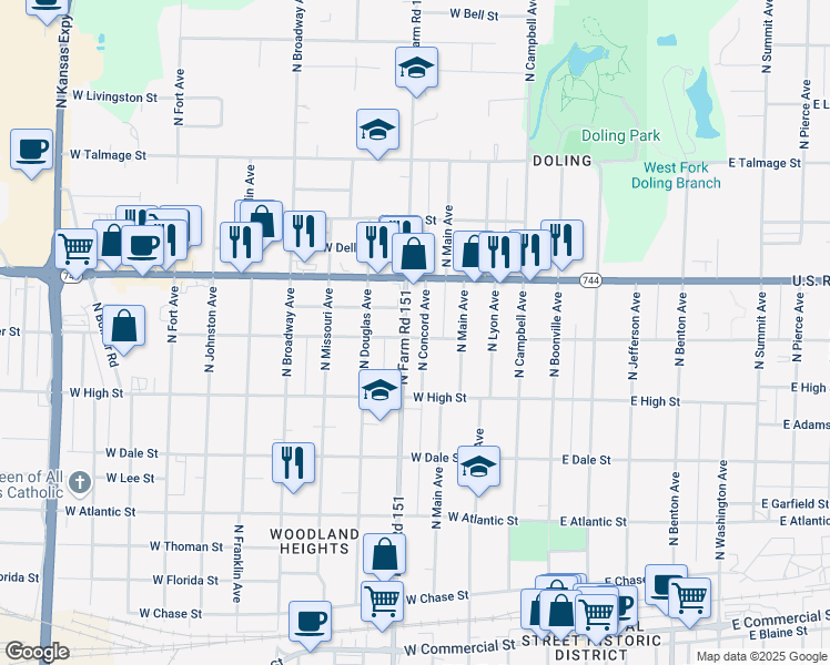 map of restaurants, bars, coffee shops, grocery stores, and more near 2301 North Concord Avenue in Springfield
