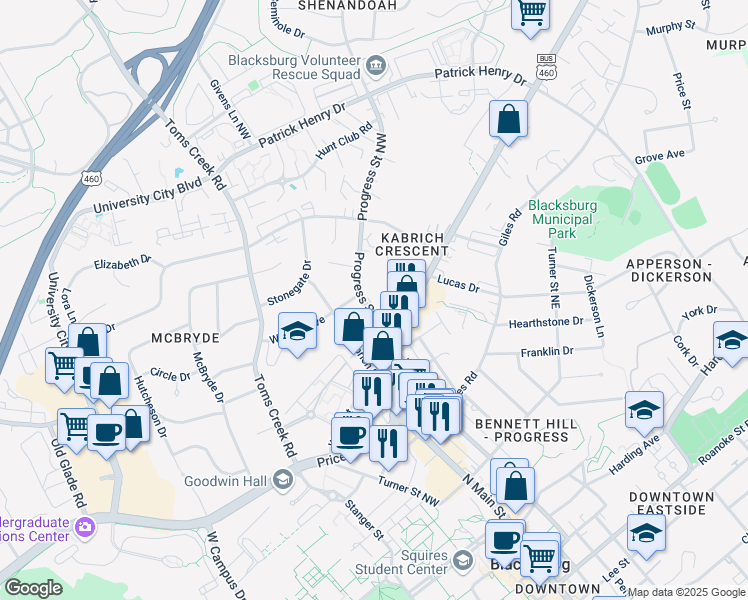 map of restaurants, bars, coffee shops, grocery stores, and more near 1000 Progress Street Northwest in Blacksburg
