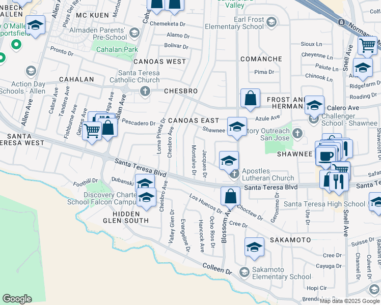 map of restaurants, bars, coffee shops, grocery stores, and more near 6001 Montalvo Drive in San Jose