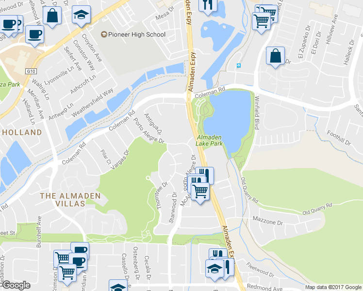 map of restaurants, bars, coffee shops, grocery stores, and more near 5939 Porto Alegre Drive in San Jose
