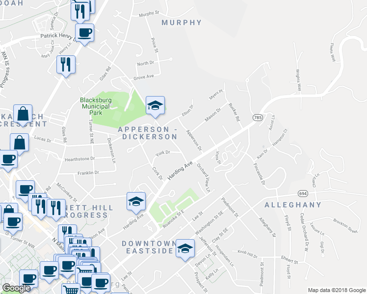 map of restaurants, bars, coffee shops, grocery stores, and more near 306 Patrick Henry Drive in Blacksburg