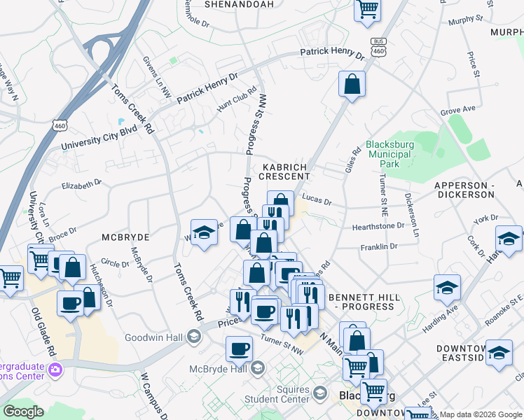 map of restaurants, bars, coffee shops, grocery stores, and more near 906 Montgomery Street Northwest in Blacksburg