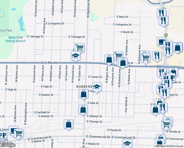 map of restaurants, bars, coffee shops, grocery stores, and more near 2306 North National Avenue in Springfield