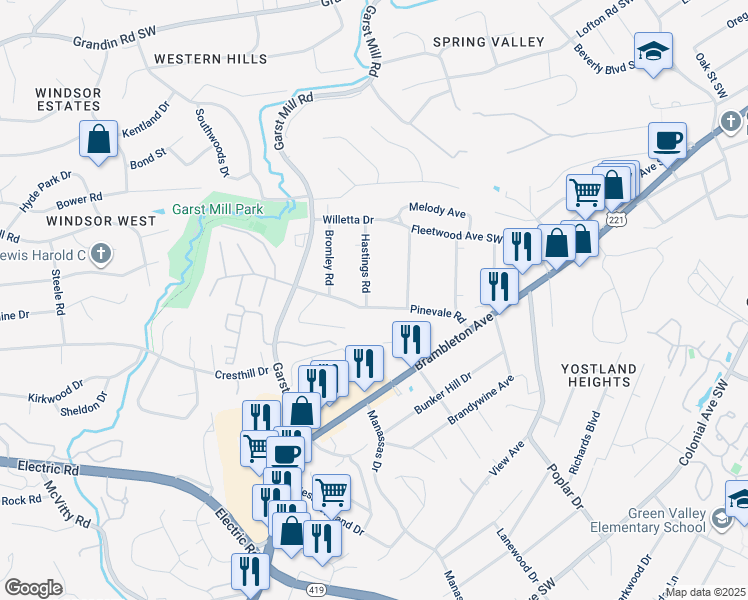 map of restaurants, bars, coffee shops, grocery stores, and more near 3631 Pinevale Road in Cave Spring