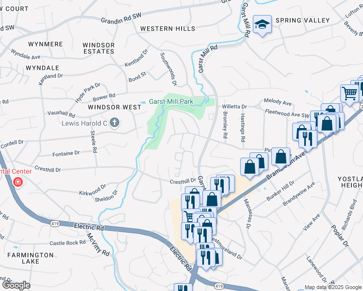 map of restaurants, bars, coffee shops, grocery stores, and more near 4353 Garst Mill Road in Cave Spring
