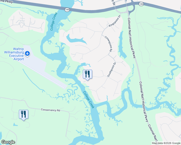map of restaurants, bars, coffee shops, grocery stores, and more near 191-199 Archers Hope Road in Williamsburg