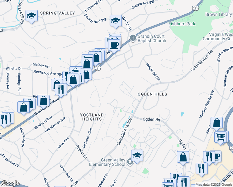 map of restaurants, bars, coffee shops, grocery stores, and more near 3937 Colonial Green Circle in Roanoke