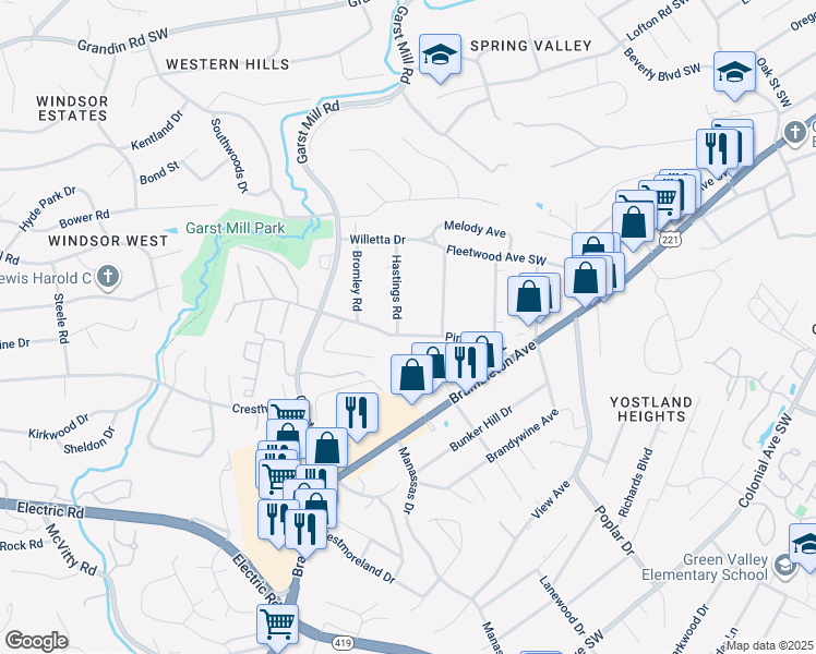 map of restaurants, bars, coffee shops, grocery stores, and more near 3631 Pinevale Road in Cave Spring